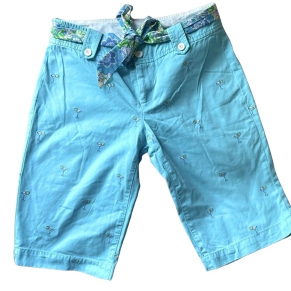 Lilly Pulitzer Light Blue Embroidered Bermuda Shorts with Floral Waist Tie